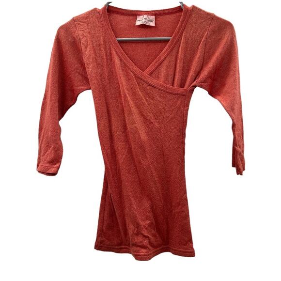 Michael Stars Orange Sparkle Silver Metallic 3/4‎ Sleeve Faux Wrap Top One Size - Picture 1 of 6